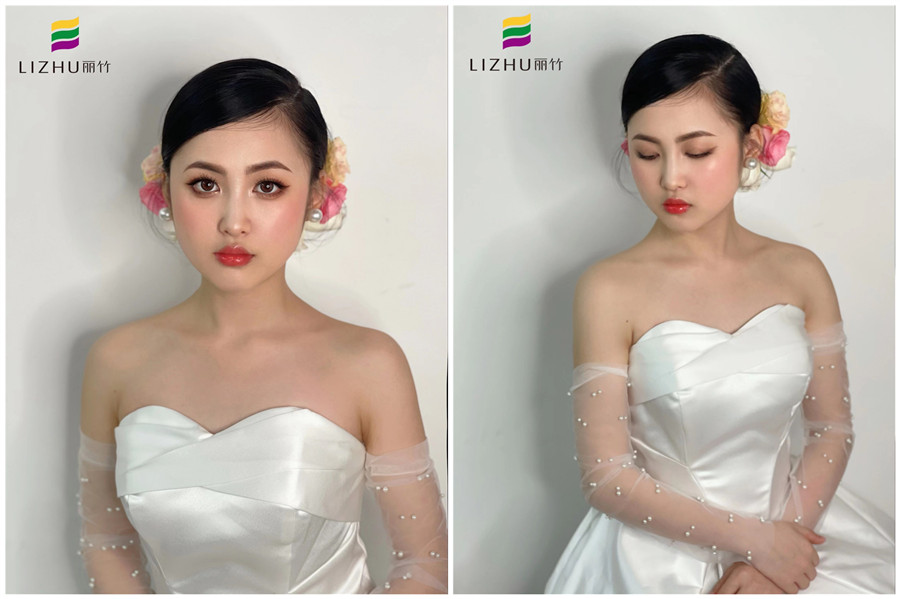 簡(jiǎn)約鮮花新娘妝容，廣西化妝學(xué)校新娘妝作品