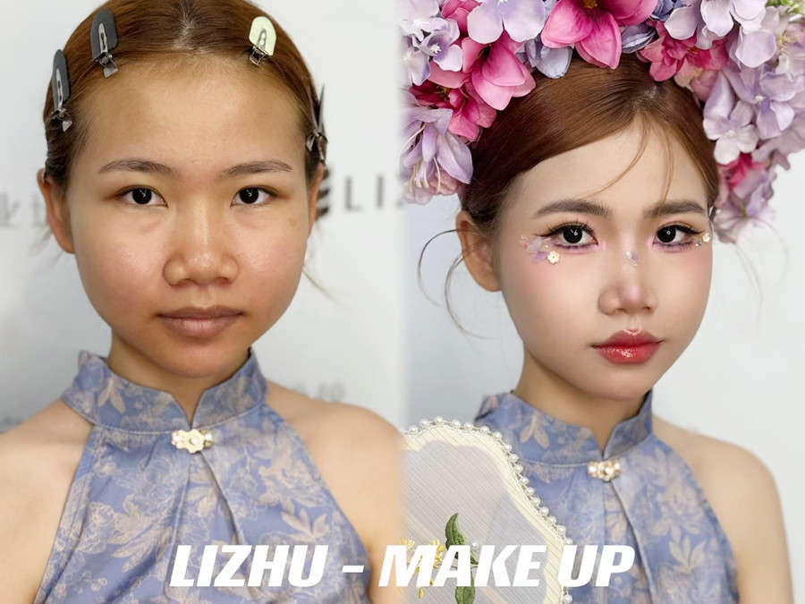 簪花造型課堂實(shí)況，廣西美妝課堂作品欣賞