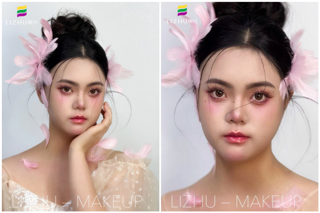 粉色羽毛寫真作品，廣西學(xué)化妝操作